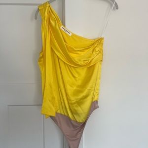 Amanda Uprichard Yellow Silk One Shoulder Bodysuit